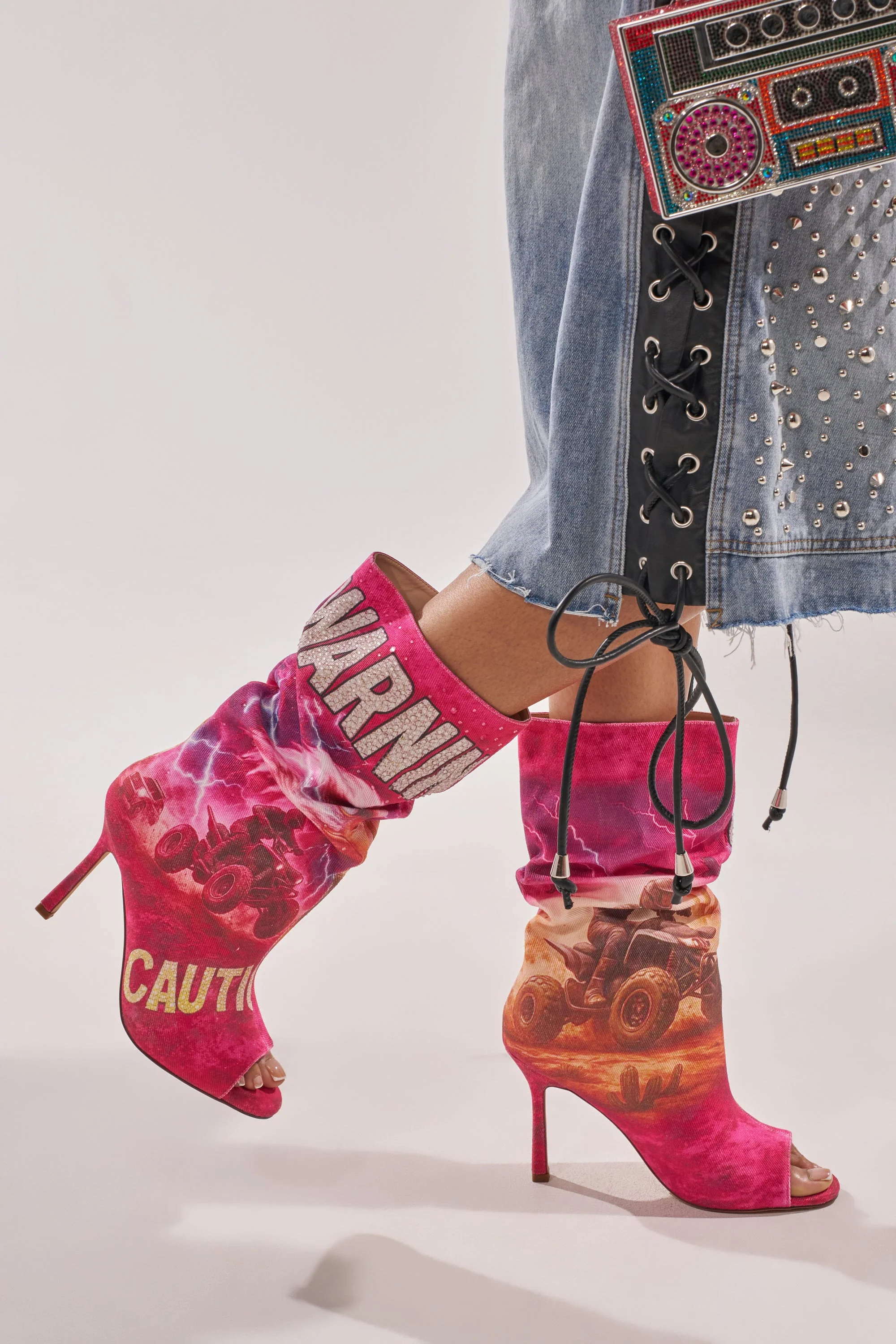AKIRA GOLD FORMIDABLE PINK MULTI ABSTRACT OPEN TOE BOOTIE - Image 3