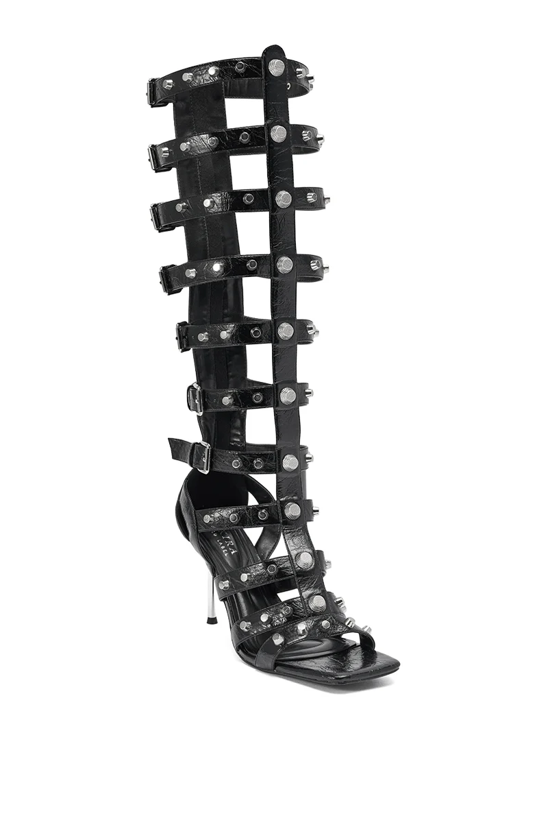 AKIRA GOLD HARDWARE EMBELLISHED BLACK GLADIATOR SANDAL - Image 5