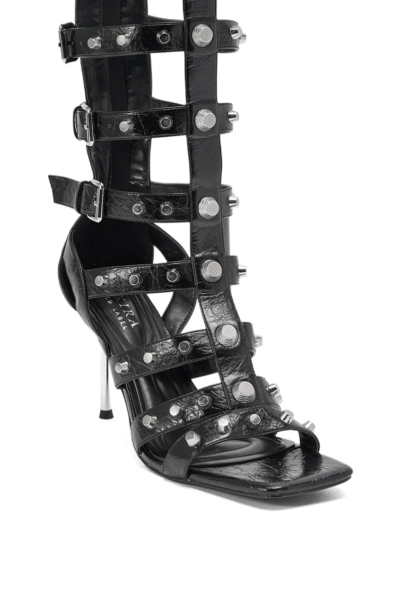 AKIRA GOLD HARDWARE EMBELLISHED BLACK GLADIATOR SANDAL - Image 7