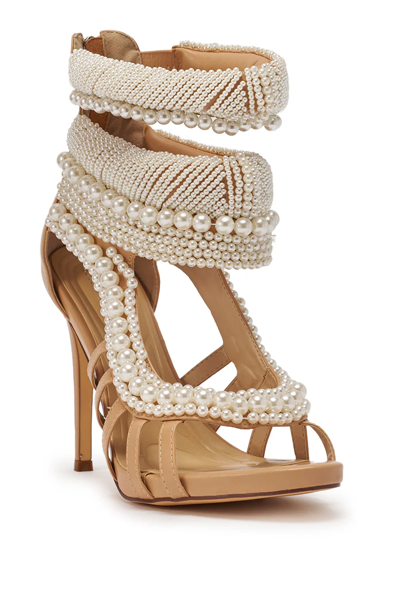 AKIRA GOLD ISOLINE NUDE PEARL EMBELLISHED GLADIATOR SANDAL - Image 5