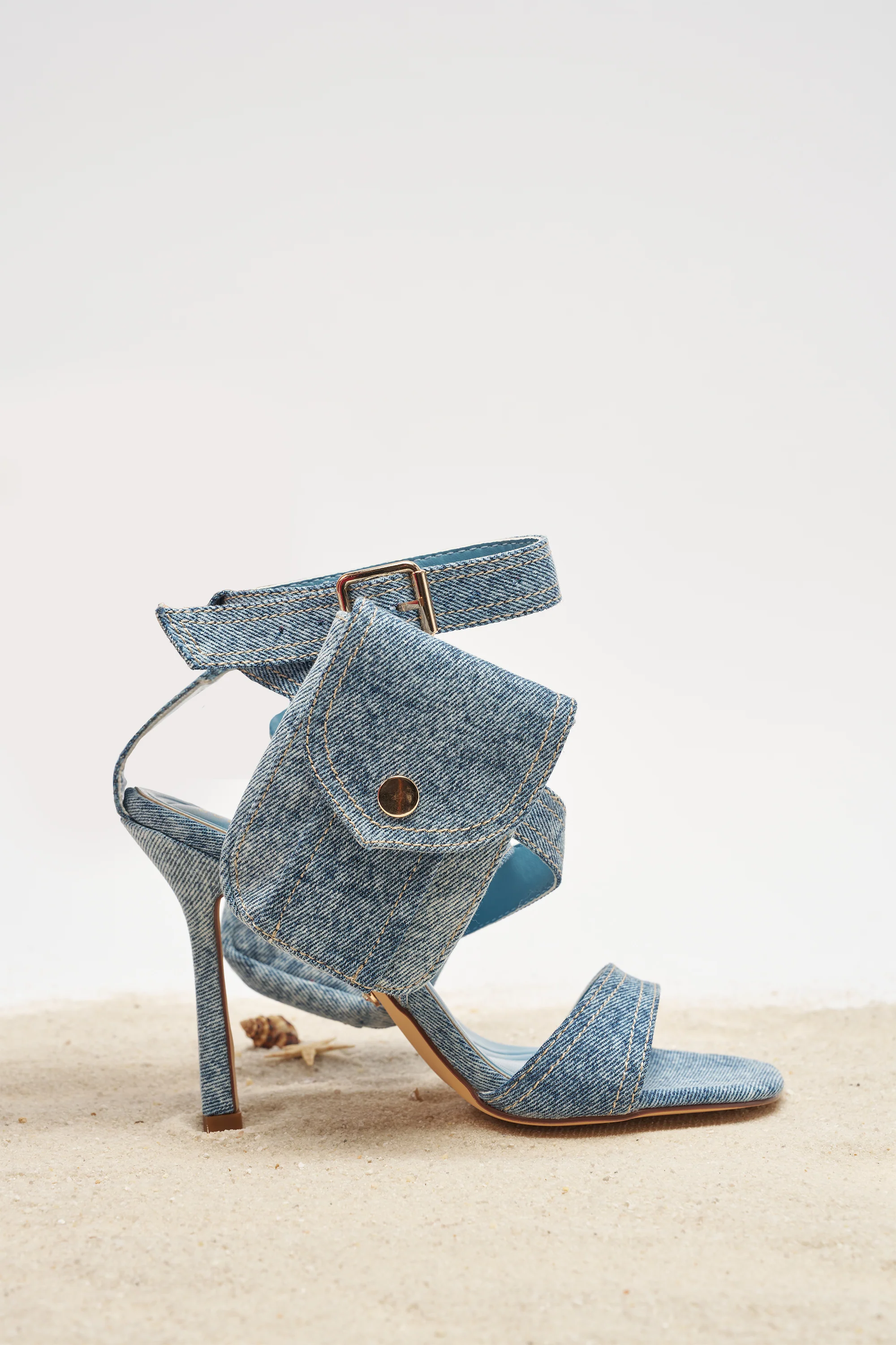 AKIRA GOLD KERSHAW DENIM POCKET STILETTO STRAP SANDAL - Image 2