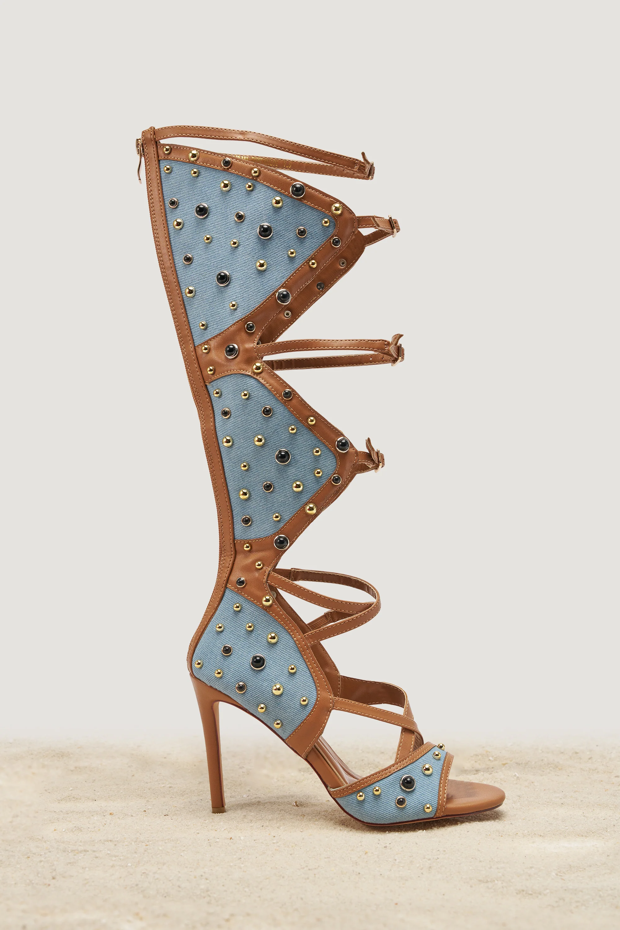 AKIRA GOLD LULANA DENIM METAL STUDDED GLADIATOR STILETTO SANDAL
