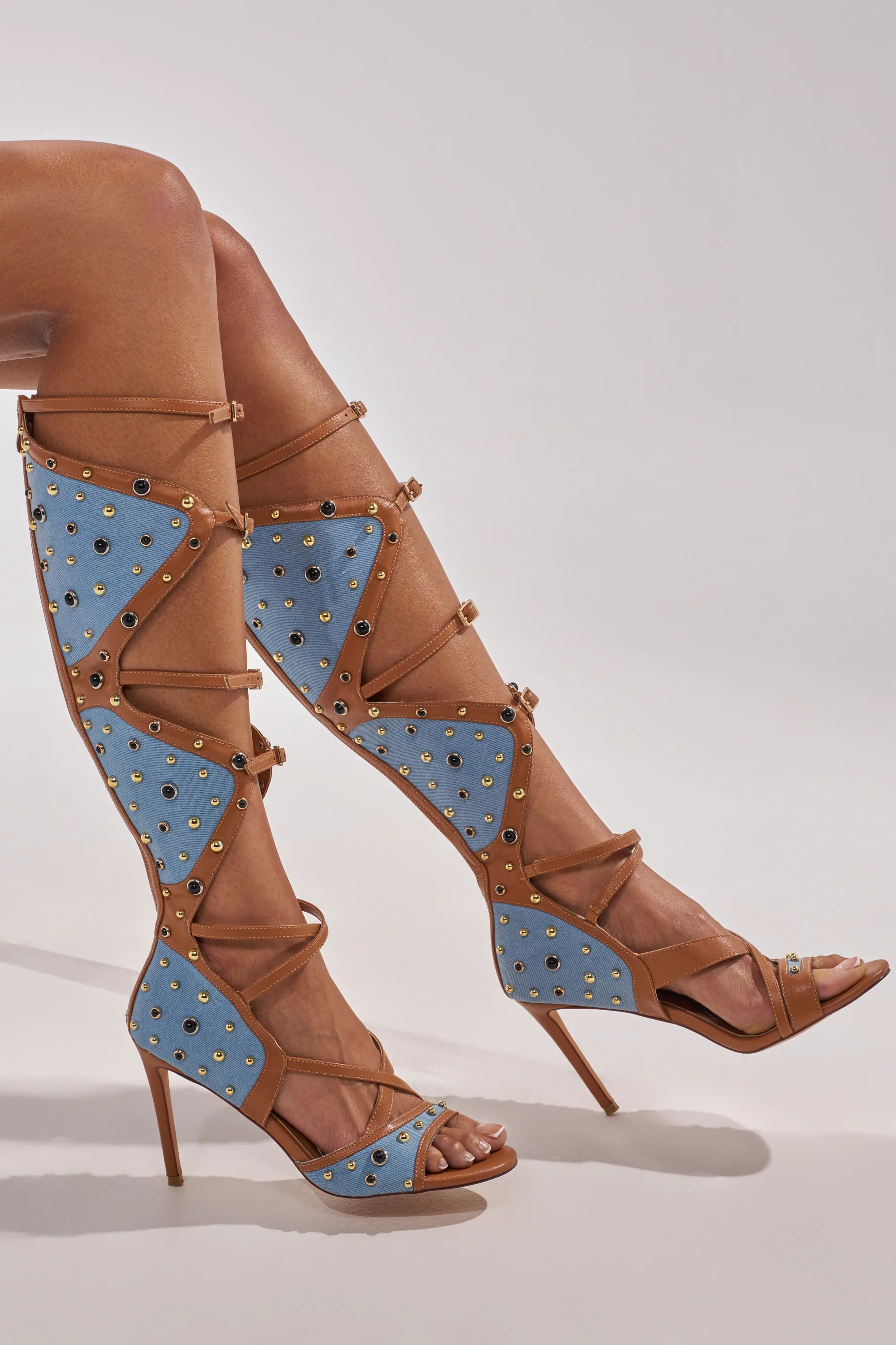 AKIRA GOLD LULANA DENIM METAL STUDDED GLADIATOR STILETTO SANDAL - Image 3