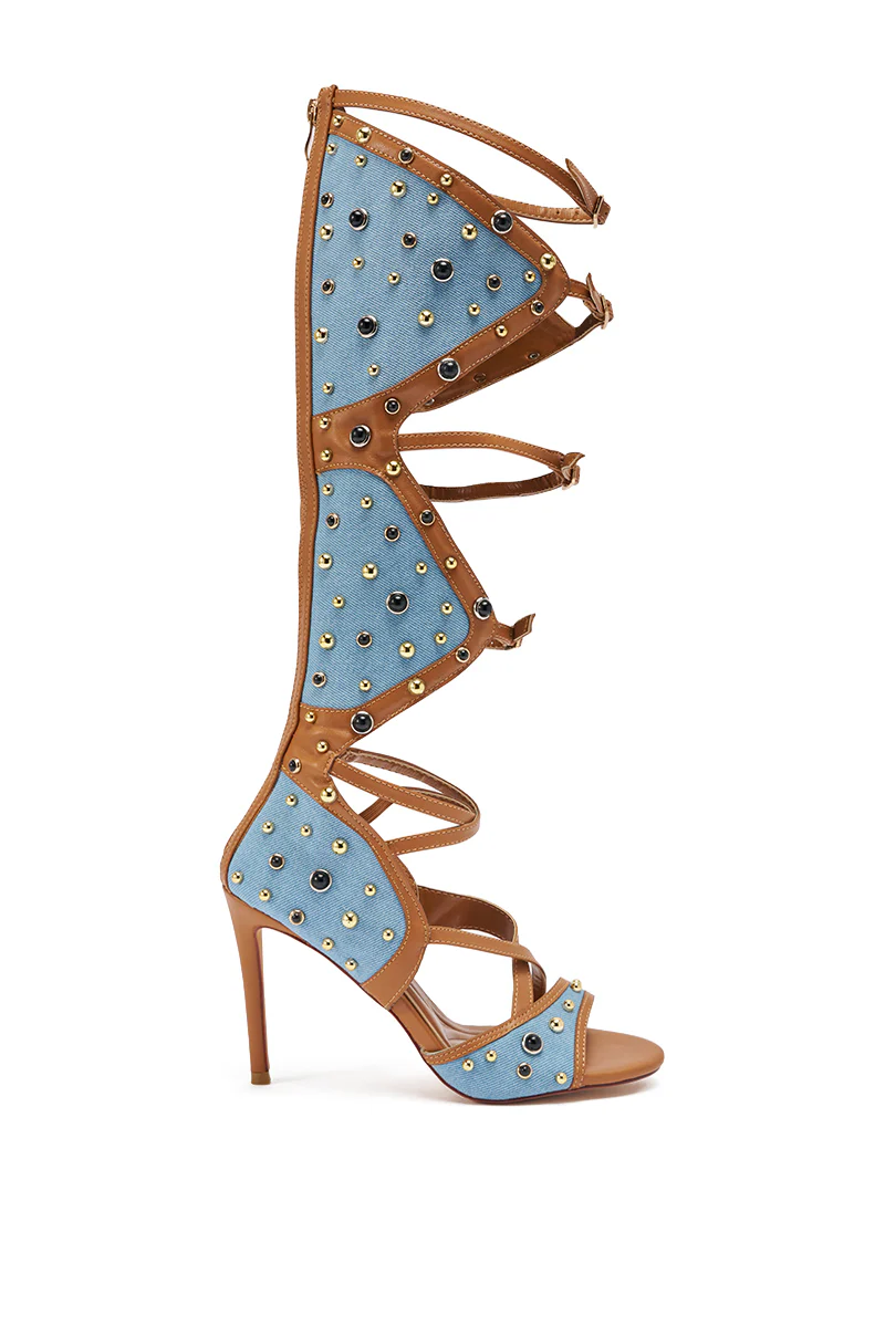 AKIRA GOLD LULANA DENIM METAL STUDDED GLADIATOR STILETTO SANDAL - Image 5