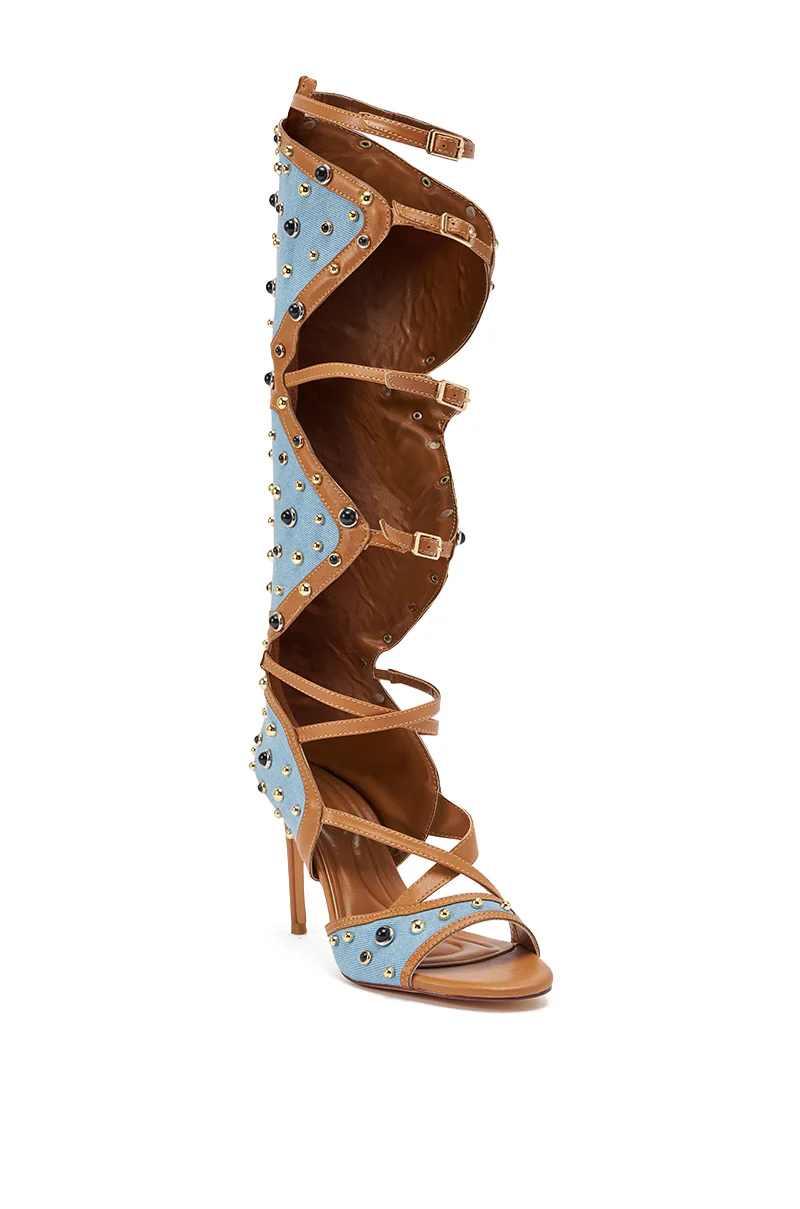 AKIRA GOLD LULANA DENIM METAL STUDDED GLADIATOR STILETTO SANDAL - Image 6