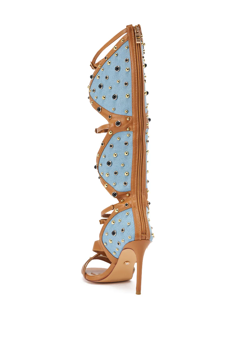AKIRA GOLD LULANA DENIM METAL STUDDED GLADIATOR STILETTO SANDAL - Image 7