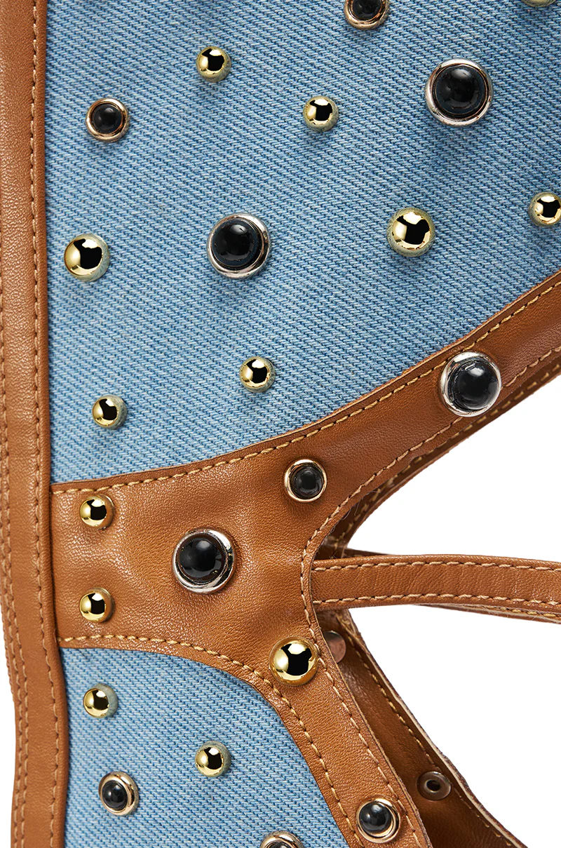 AKIRA GOLD LULANA DENIM METAL STUDDED GLADIATOR STILETTO SANDAL - Image 8