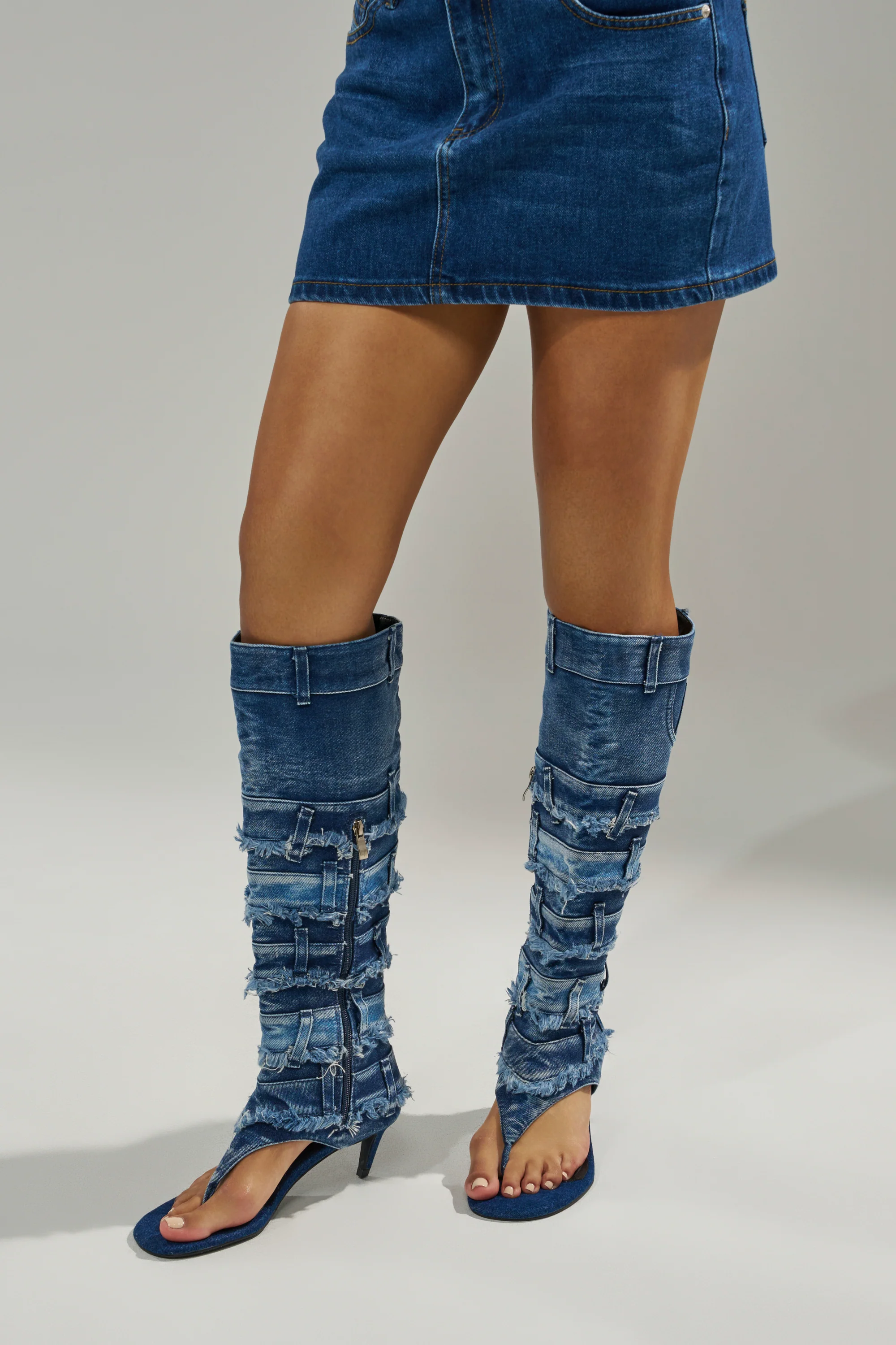 AKIRA GOLD MAHONEY DENIM PANT DETAIL GLADIATOR STILETTO - Image 2