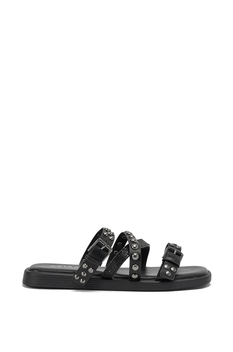 AKIRA GOLD MANNING BLACK HARDWARE EMBELLISHED FLAT SANDAL - Image 4