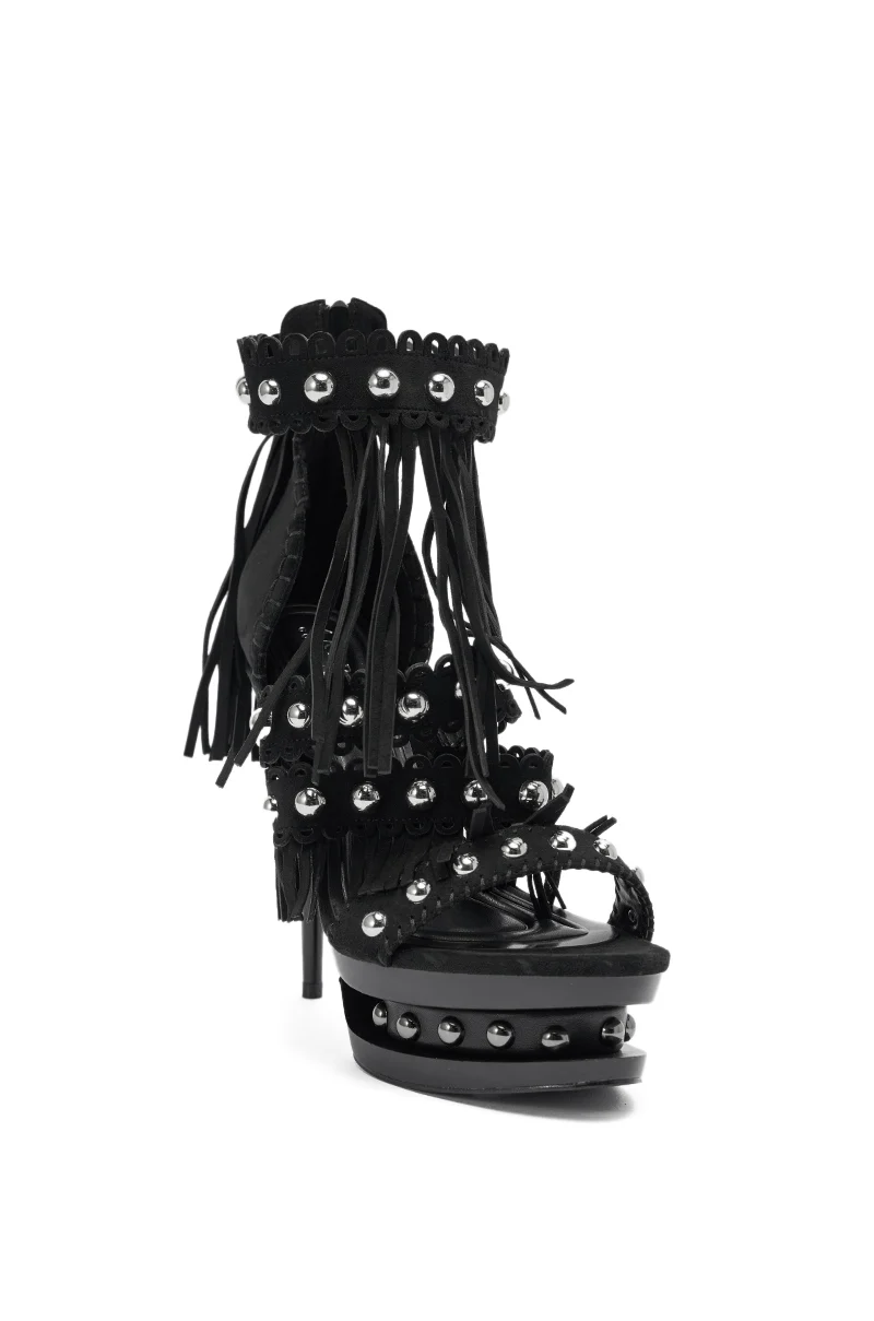 AKIRA GOLD MAROVA BLACK NOVELTY PLATFORM FRINGE EMBELLISHED SANDAL - Image 4