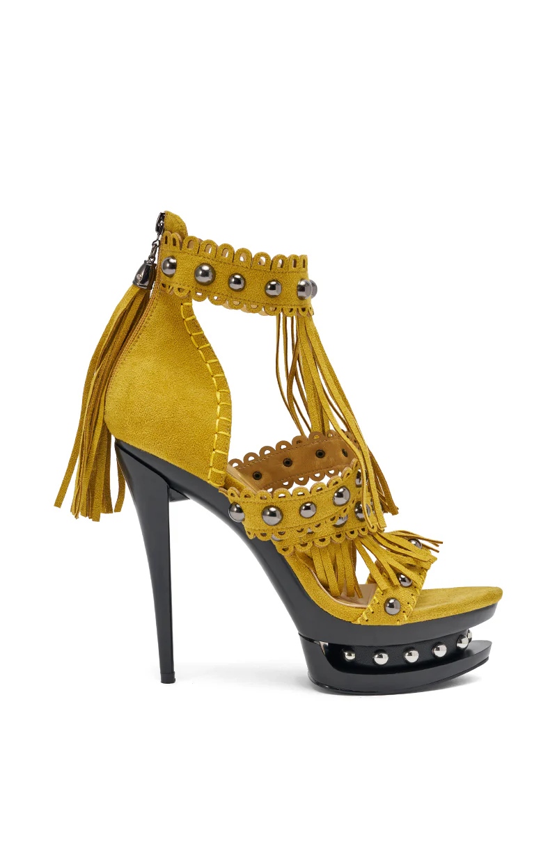 AKIRA GOLD MAROVA MUSTARD NOVELTY PLATFORM FRINGE EMBELLISHED SANDAL - Image 4