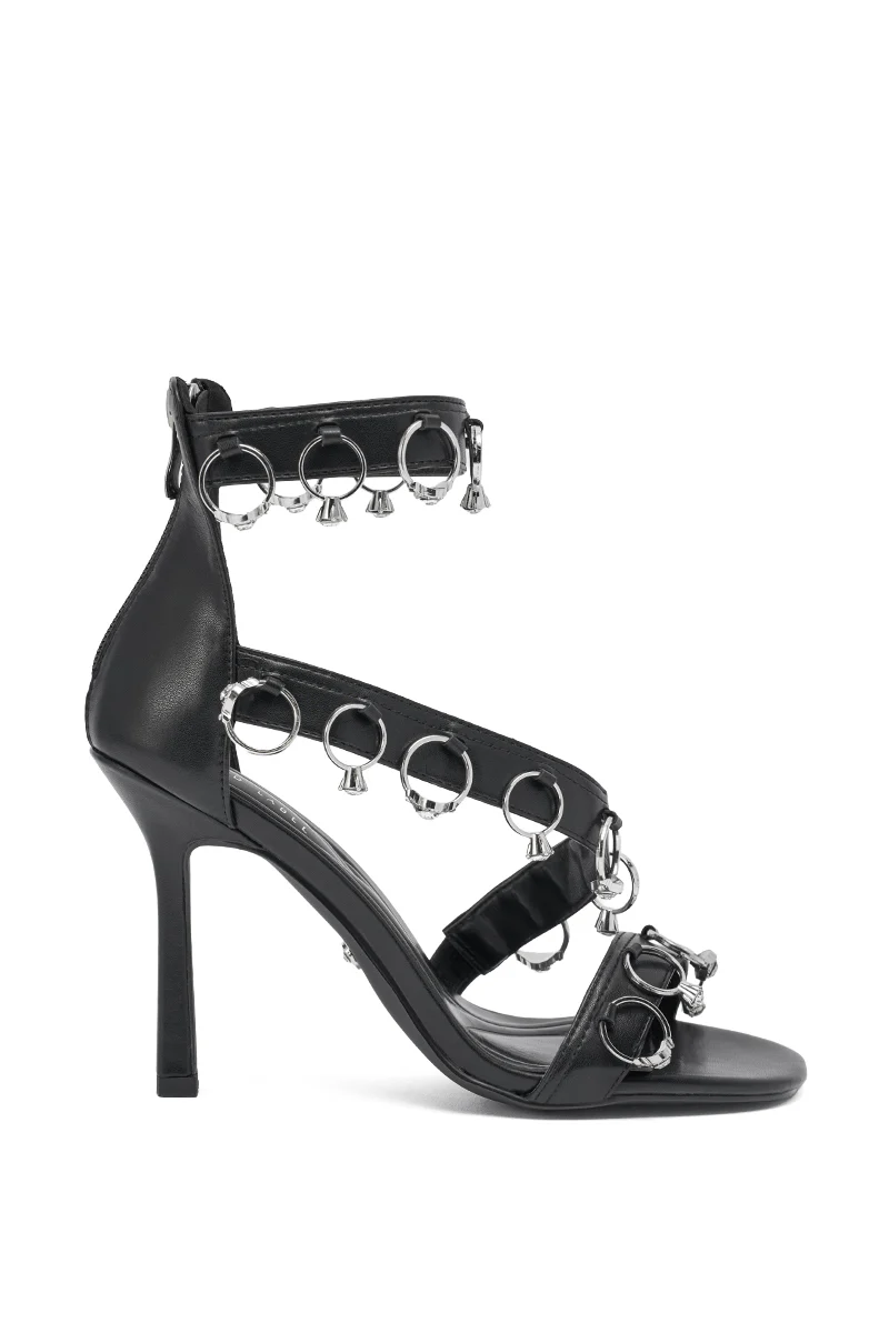 AKIRA GOLD MARQUISE BLACK STILETTO SANDAL WITH RINGS - Image 4