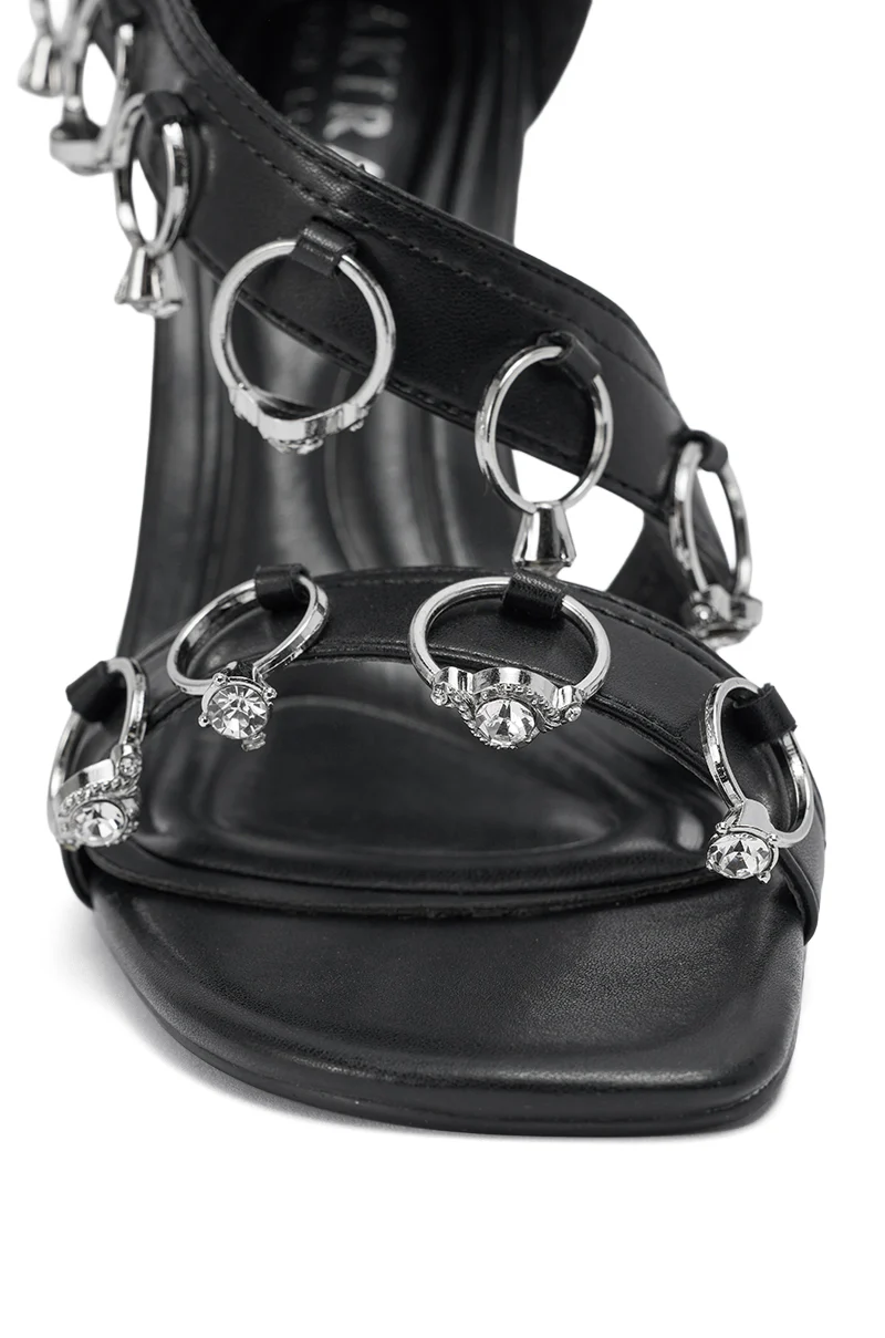 AKIRA GOLD MARQUISE BLACK STILETTO SANDAL WITH RINGS - Image 7