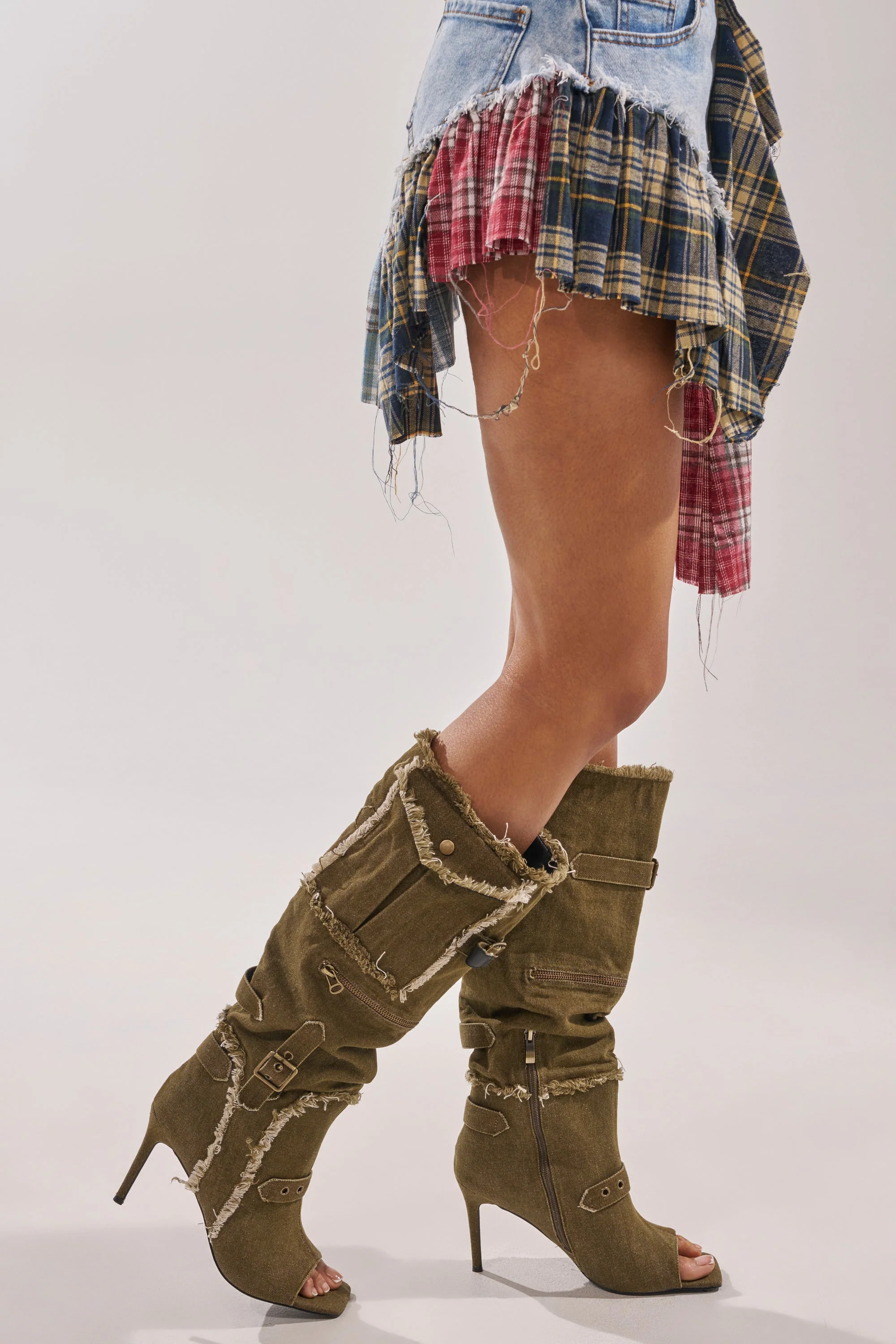 AKIRA GOLD NADAL OLIVE CANVAS OPEN TOE STILETTO BOOTIE - Image 3