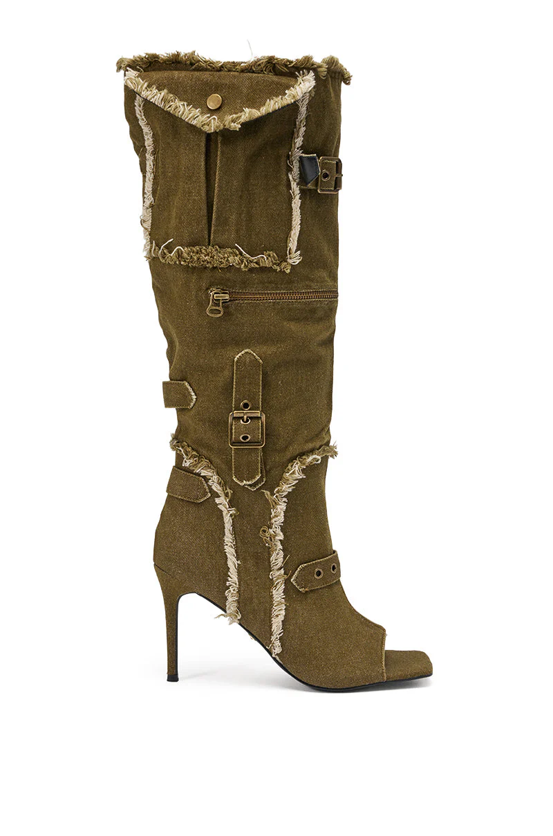 AKIRA GOLD NADAL OLIVE CANVAS OPEN TOE STILETTO BOOTIE - Image 4