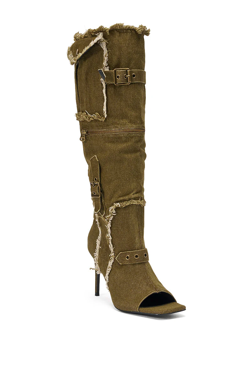 AKIRA GOLD NADAL OLIVE CANVAS OPEN TOE STILETTO BOOTIE - Image 5