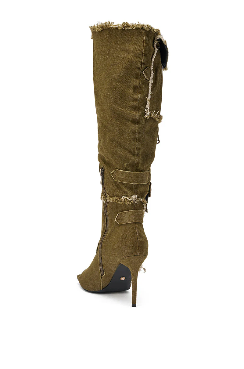 AKIRA GOLD NADAL OLIVE CANVAS OPEN TOE STILETTO BOOTIE - Image 6