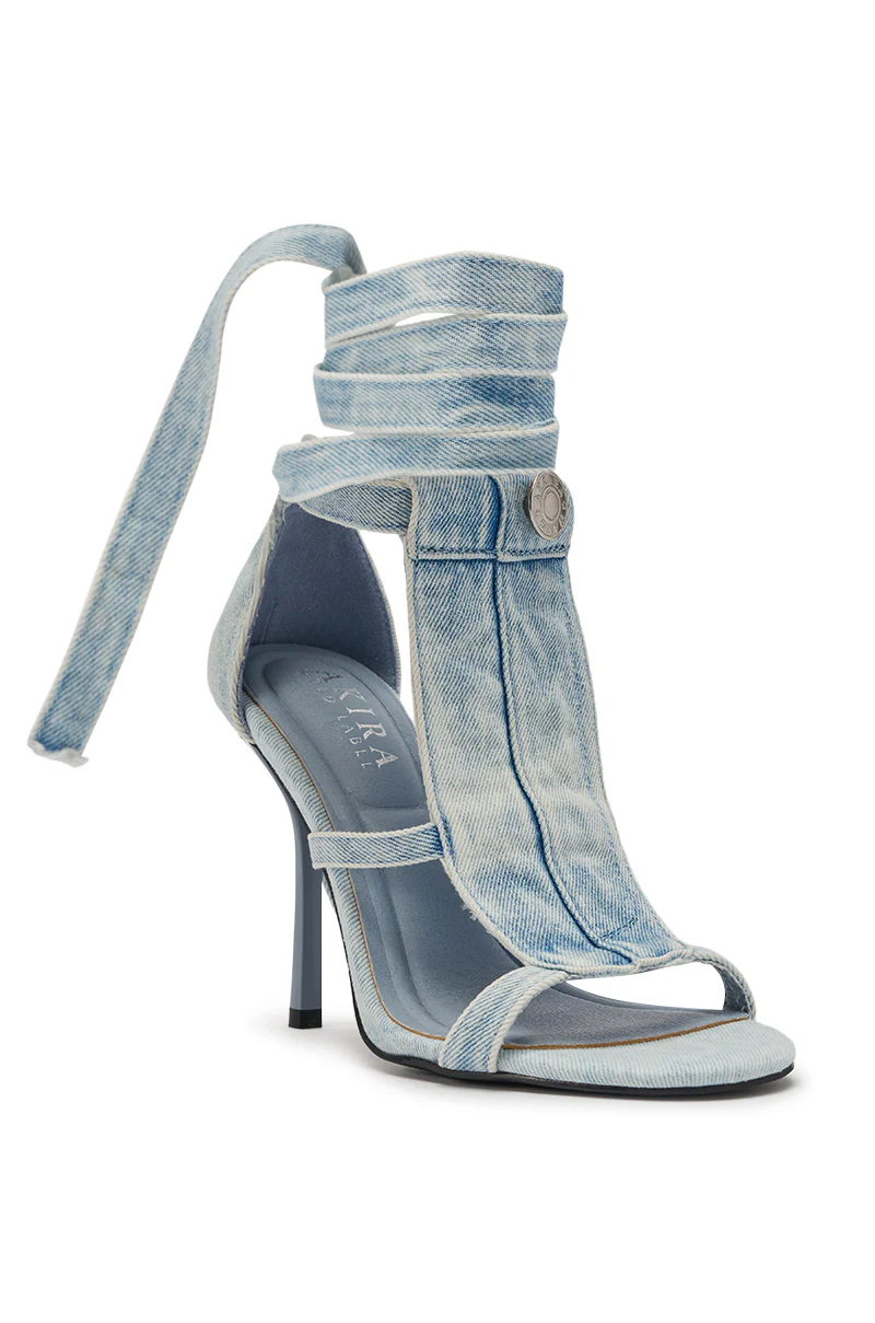 AKIRA GOLD NORMA JEAN DENIM STRAPPY STILETTO SANDAL - Image 5