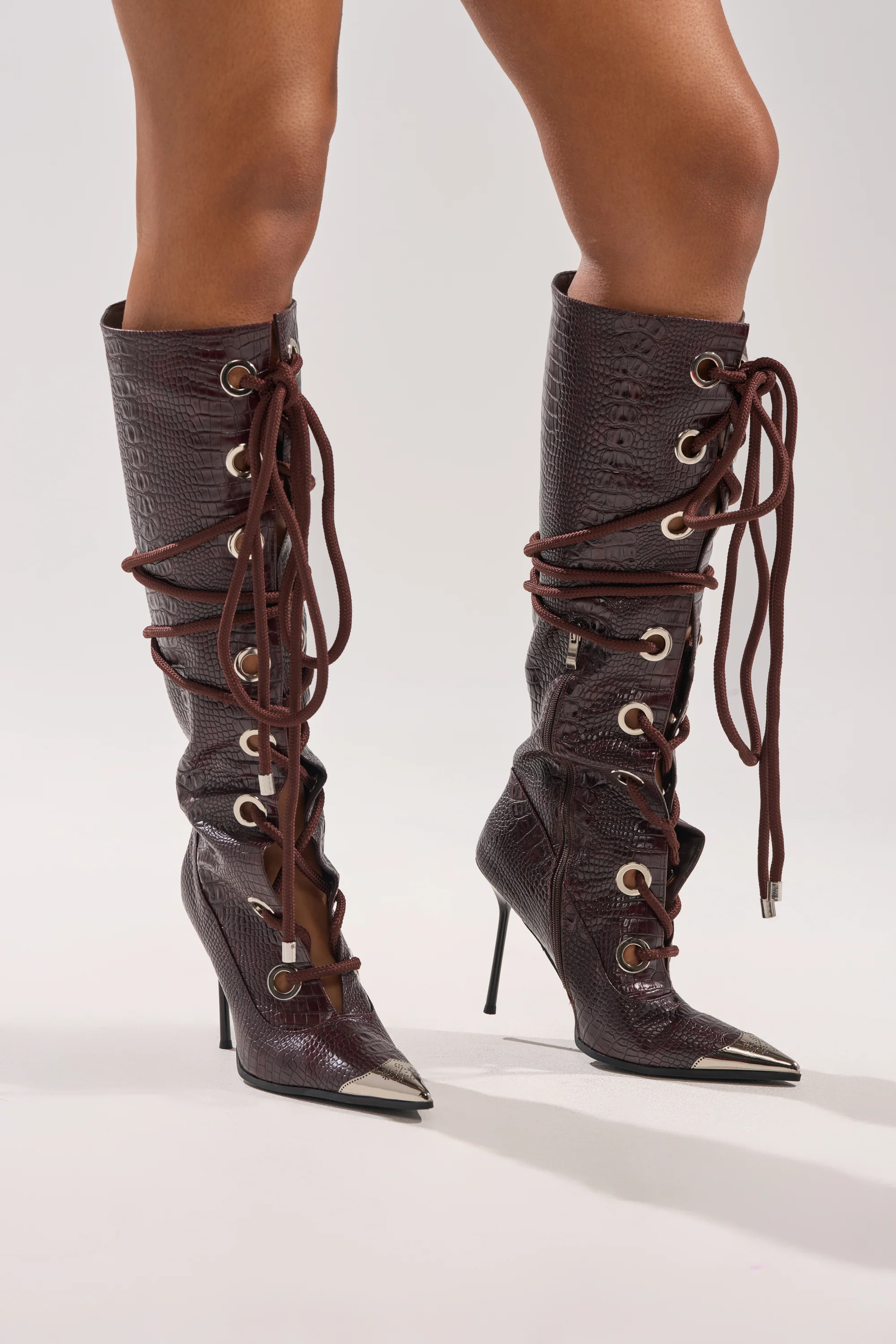 AKIRA GOLD PANTOUM CHOCOLATE CROC STILETTO BOOT - Image 3