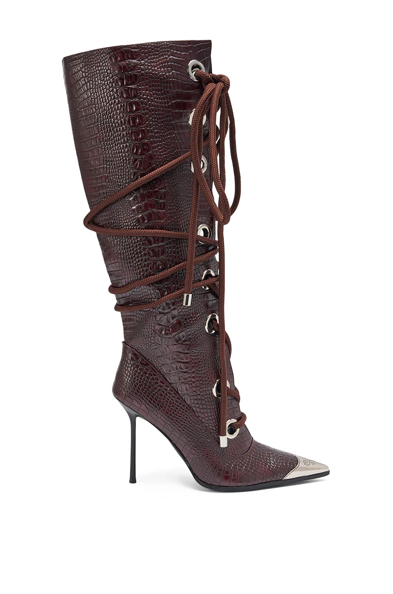 AKIRA GOLD PANTOUM CHOCOLATE CROC STILETTO BOOT - Image 4