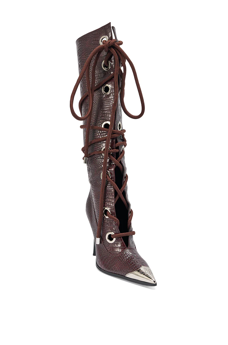 AKIRA GOLD PANTOUM CHOCOLATE CROC STILETTO BOOT - Image 5