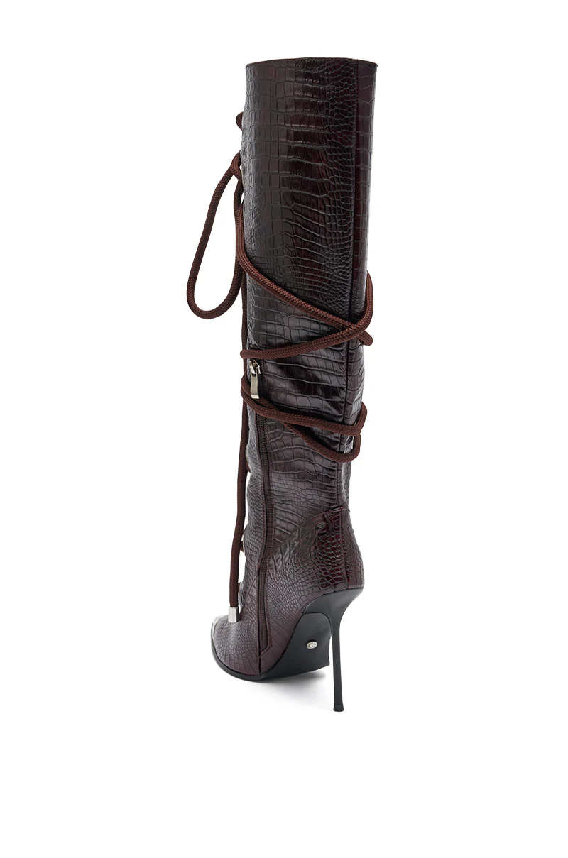AKIRA GOLD PANTOUM CHOCOLATE CROC STILETTO BOOT - Image 6