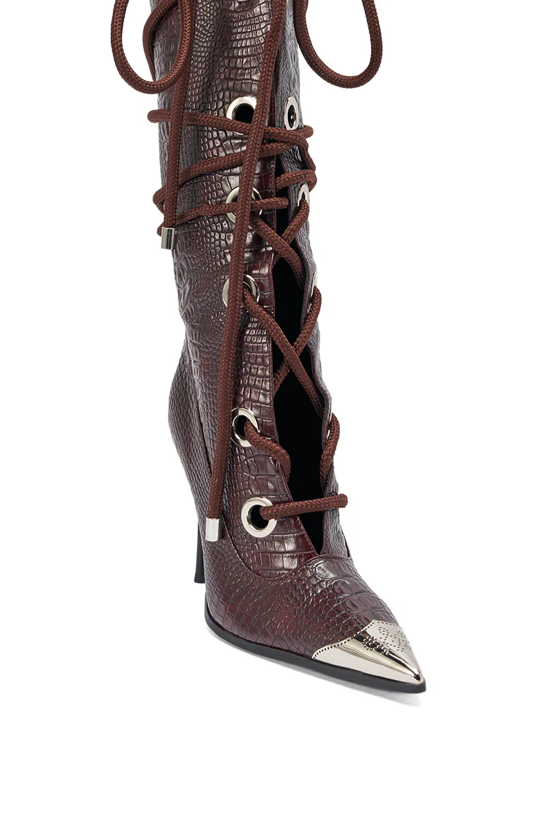 AKIRA GOLD PANTOUM CHOCOLATE CROC STILETTO BOOT - Image 7