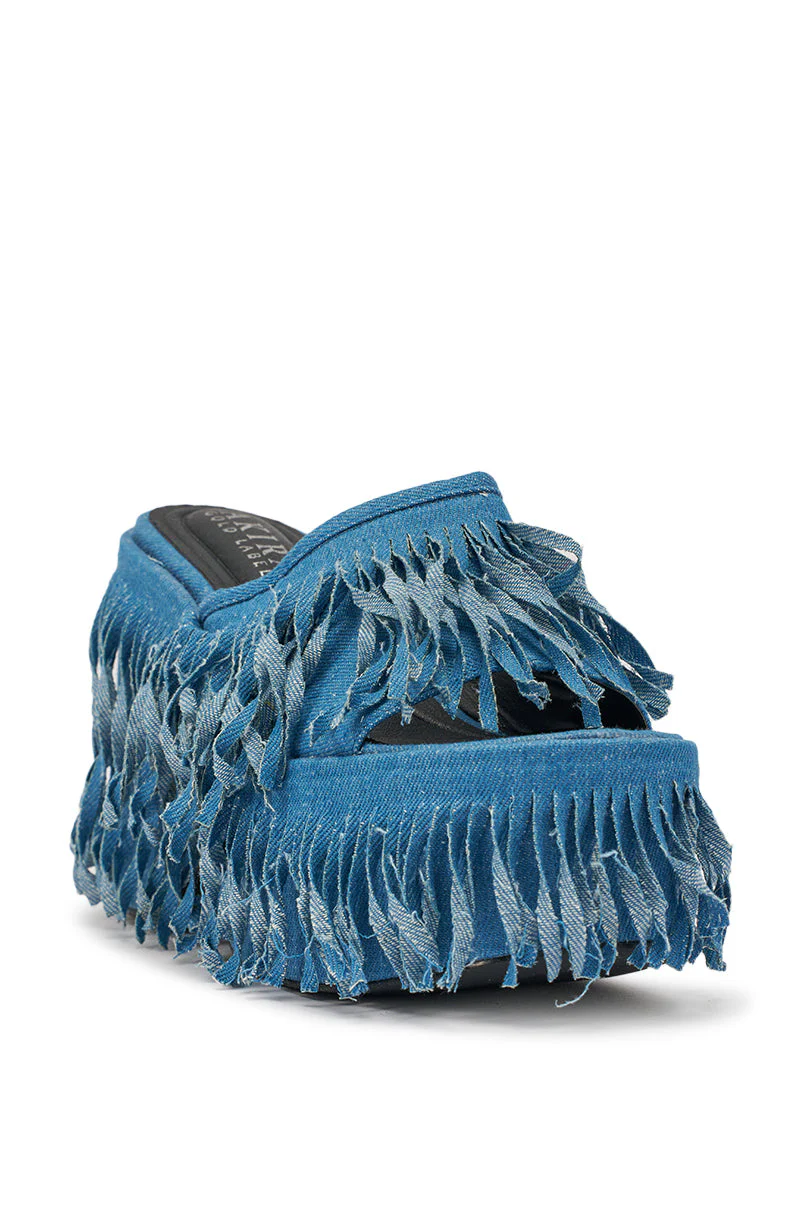 AKIRA GOLD RAMESHA DENIM FRINGE PLATFORM SANDAL - Image 5