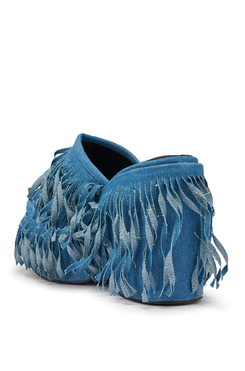 AKIRA GOLD RAMESHA DENIM FRINGE PLATFORM SANDAL - Image 6
