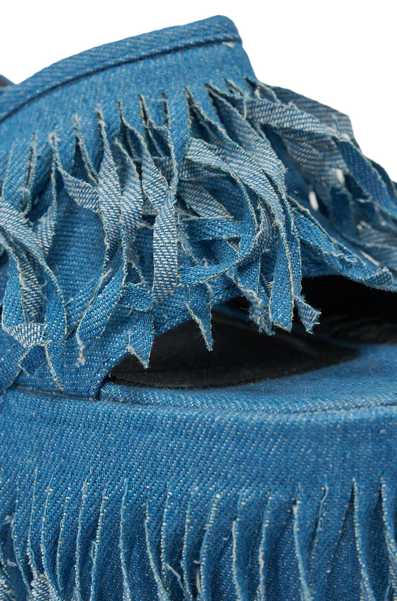 AKIRA GOLD RAMESHA DENIM FRINGE PLATFORM SANDAL - Image 7