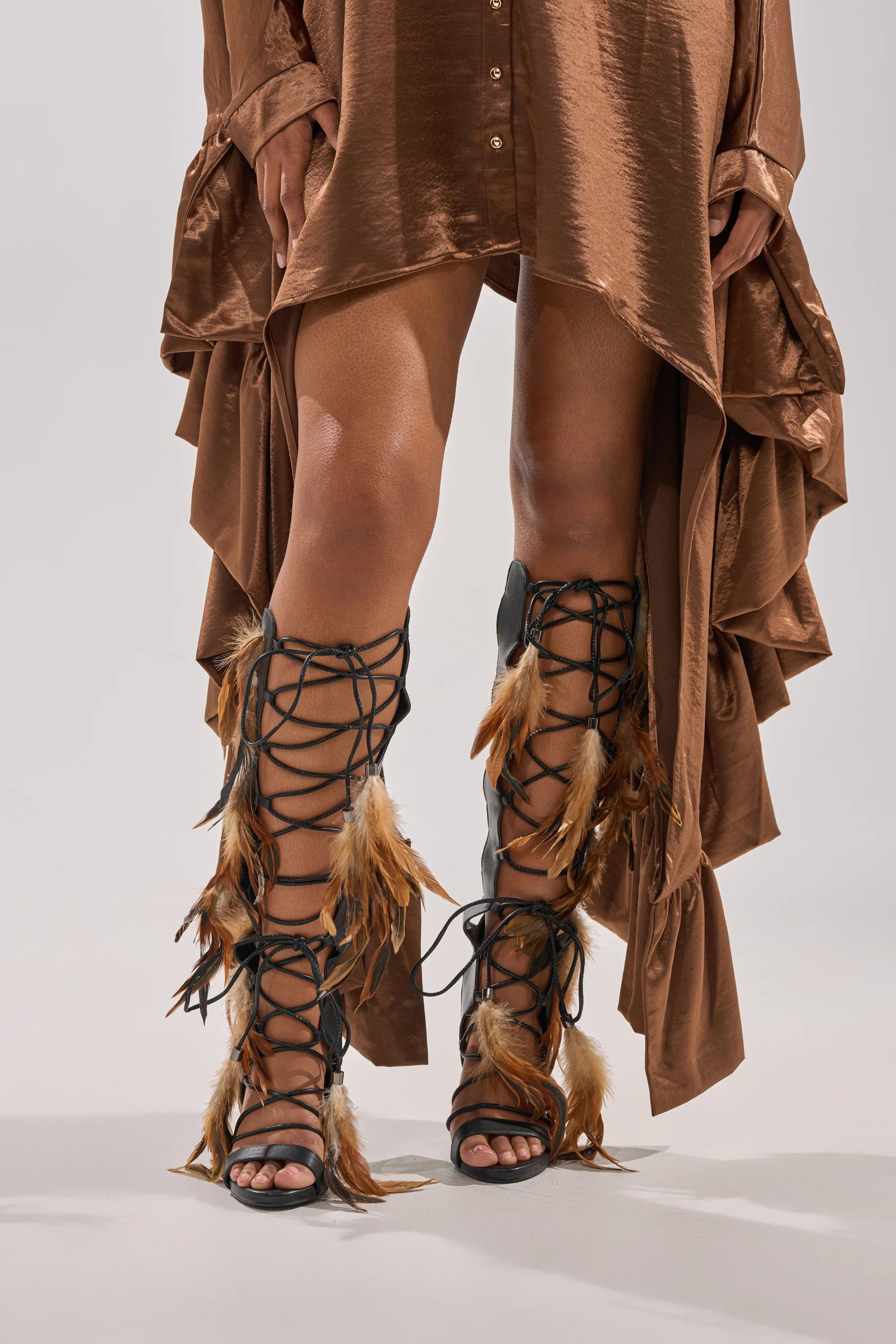 AKIRA GOLD RAYYA BLACK MULTI PU GLADIATOR FEATHER EMBELLISHED STILETTO SANDAL - Image 2