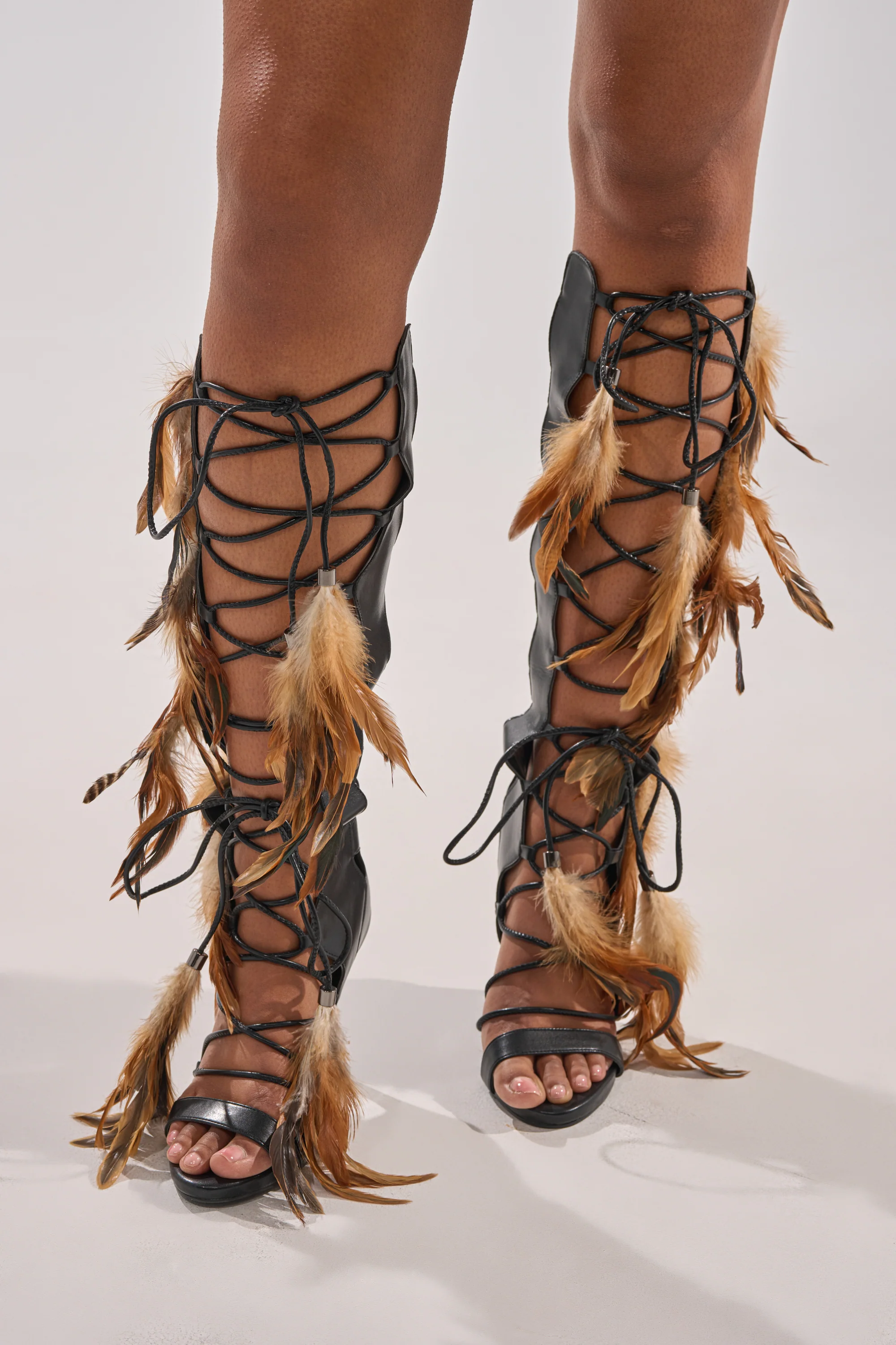 AKIRA GOLD RAYYA BLACK MULTI PU GLADIATOR FEATHER EMBELLISHED STILETTO SANDAL - Image 3