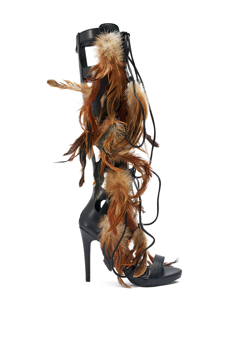 AKIRA GOLD RAYYA BLACK MULTI PU GLADIATOR FEATHER EMBELLISHED STILETTO SANDAL - Image 6