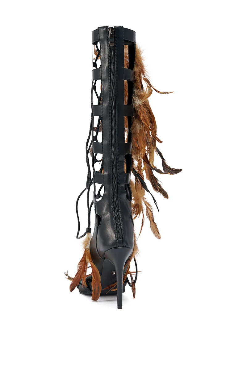 AKIRA GOLD RAYYA BLACK MULTI PU GLADIATOR FEATHER EMBELLISHED STILETTO SANDAL - Image 8