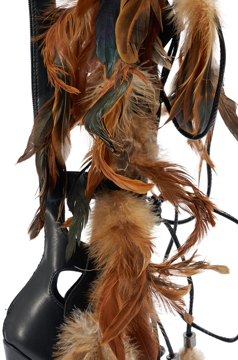 AKIRA GOLD RAYYA BLACK MULTI PU GLADIATOR FEATHER EMBELLISHED STILETTO SANDAL - Image 9