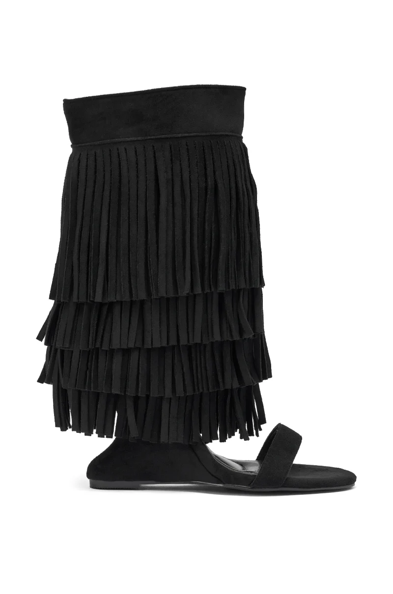 AKIRA GOLD SESTINA BLACK FAUX SUEDE FRINGE WEDGE SANDAL - Image 4