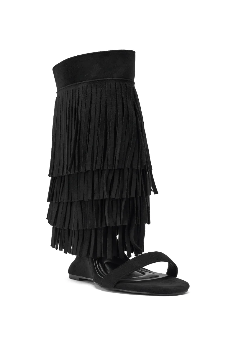 AKIRA GOLD SESTINA BLACK FAUX SUEDE FRINGE WEDGE SANDAL - Image 5