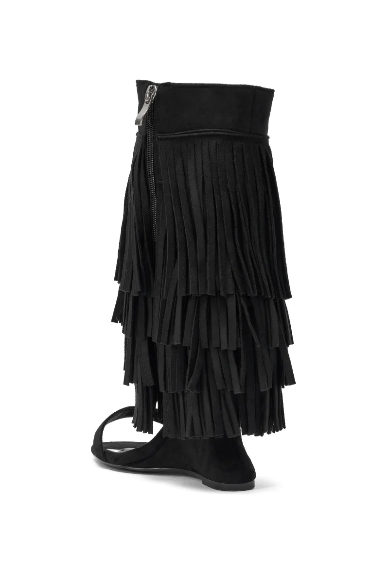 AKIRA GOLD SESTINA BLACK FAUX SUEDE FRINGE WEDGE SANDAL - Image 6