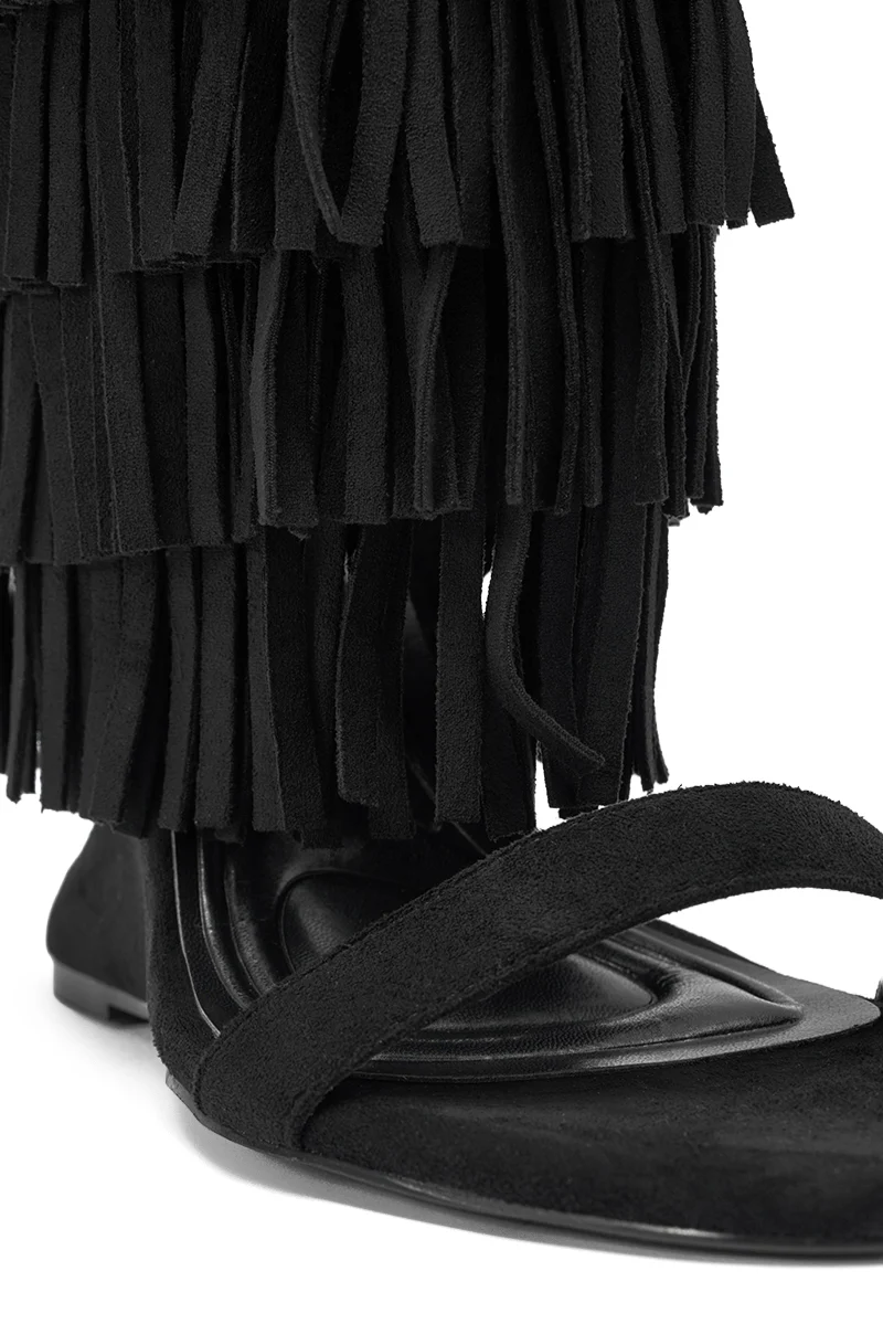 AKIRA GOLD SESTINA BLACK FAUX SUEDE FRINGE WEDGE SANDAL - Image 7