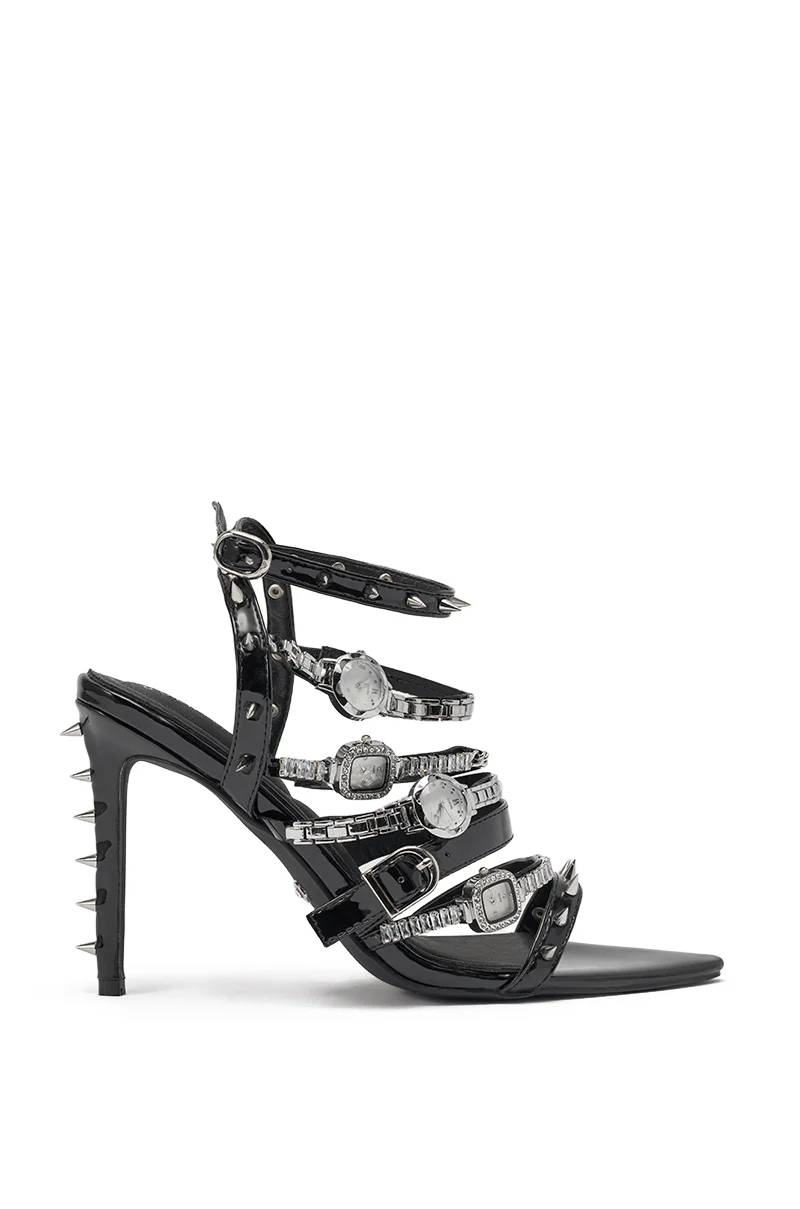 AKIRA GOLD SYDONIC BLACK WATCH STILETTO SANDAL - Image 5