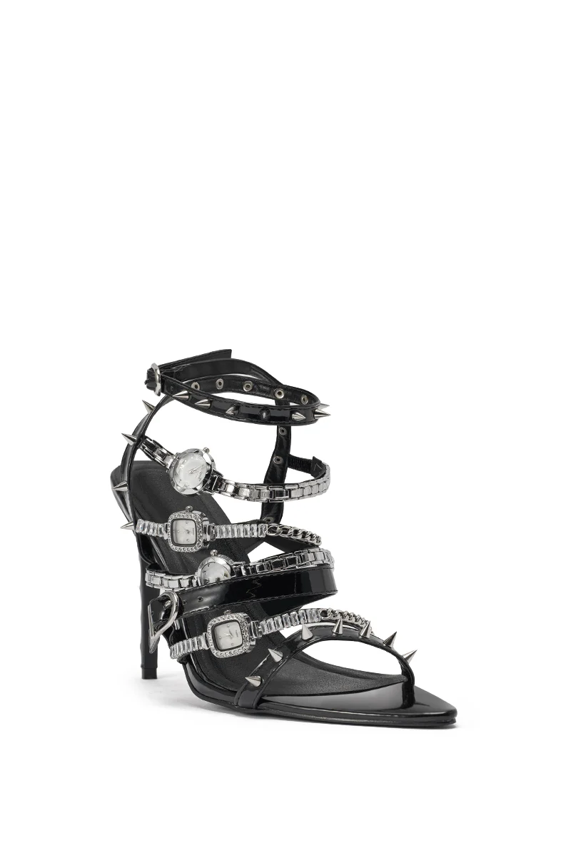 AKIRA GOLD SYDONIC BLACK WATCH STILETTO SANDAL - Image 6
