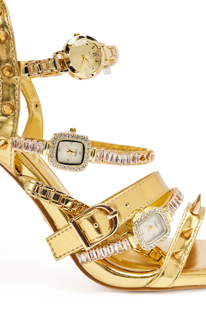 AKIRA GOLD SYDONIC GOLD WATCH STILETTO SANDAL - Image 9
