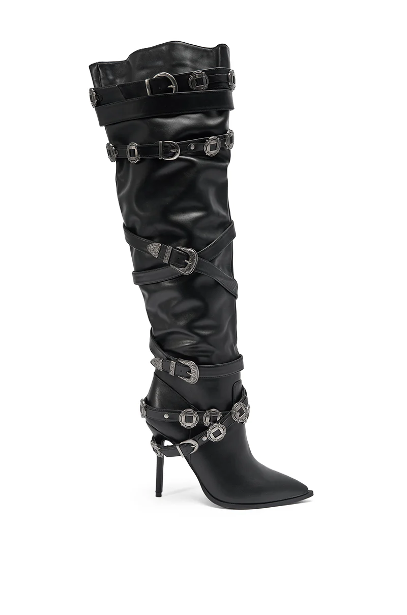AKIRA GOLD XERXES BLACK STILETTO METAL EMBELLISHED BOOT - Image 4