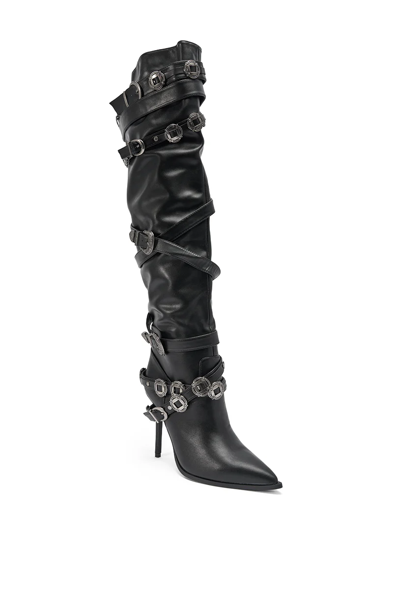 AKIRA GOLD XERXES BLACK STILETTO METAL EMBELLISHED BOOT - Image 5