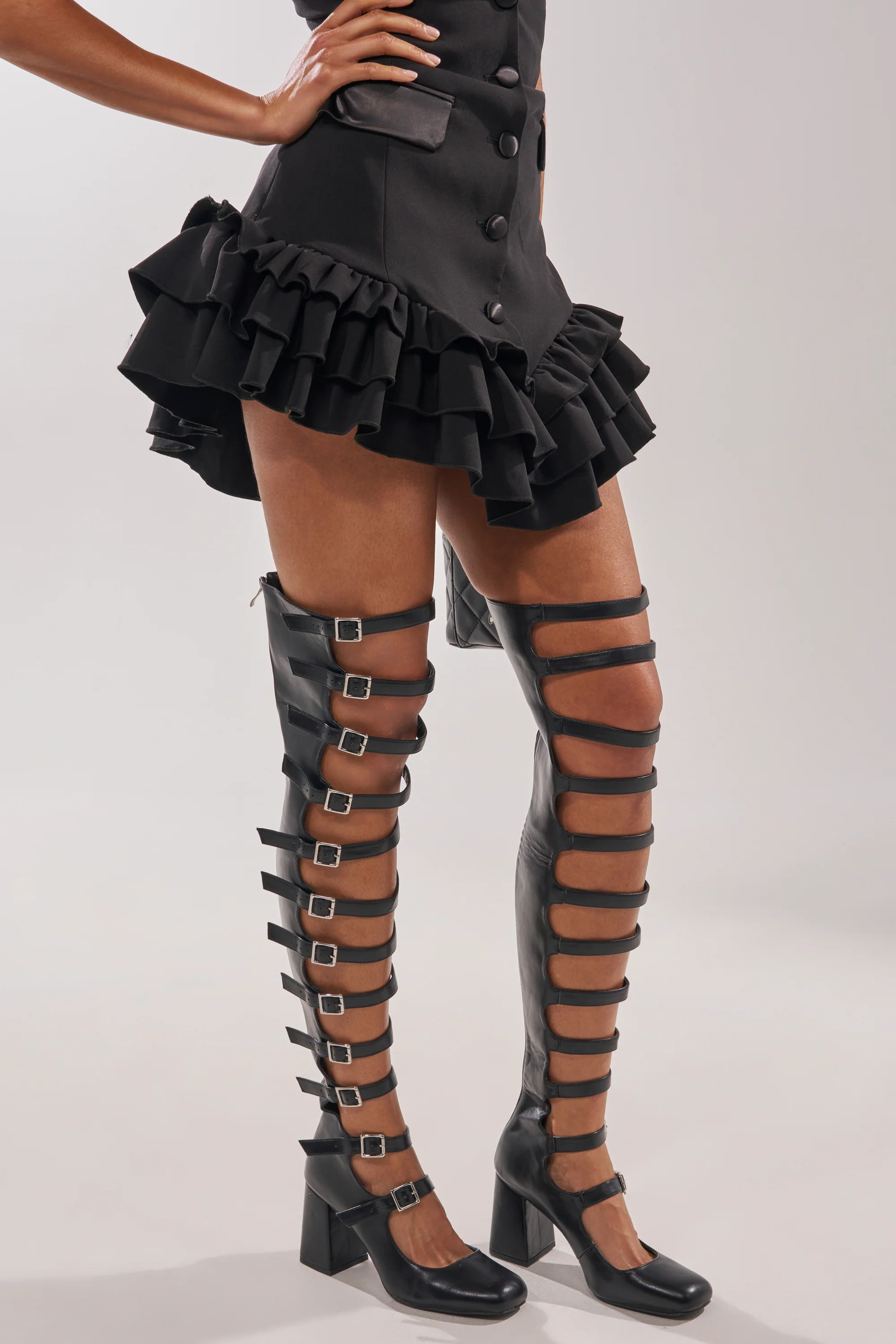 AKIRA GOLD YVETTE BLACK OVER THE KNEE MARY JANE BOOT - Image 3