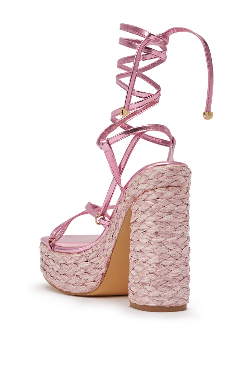 AKIRA GOLD ZAIDEE PINK PLATFORM RAFFIA LACE UP SANDAL - Image 6