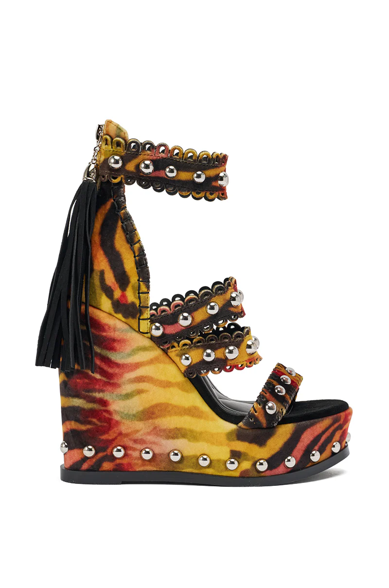 AKIRA GOLD ZANIA TIGER MULTI PRINT FRINGE EMBELLISHED WEDGE SANDAL - Image 5