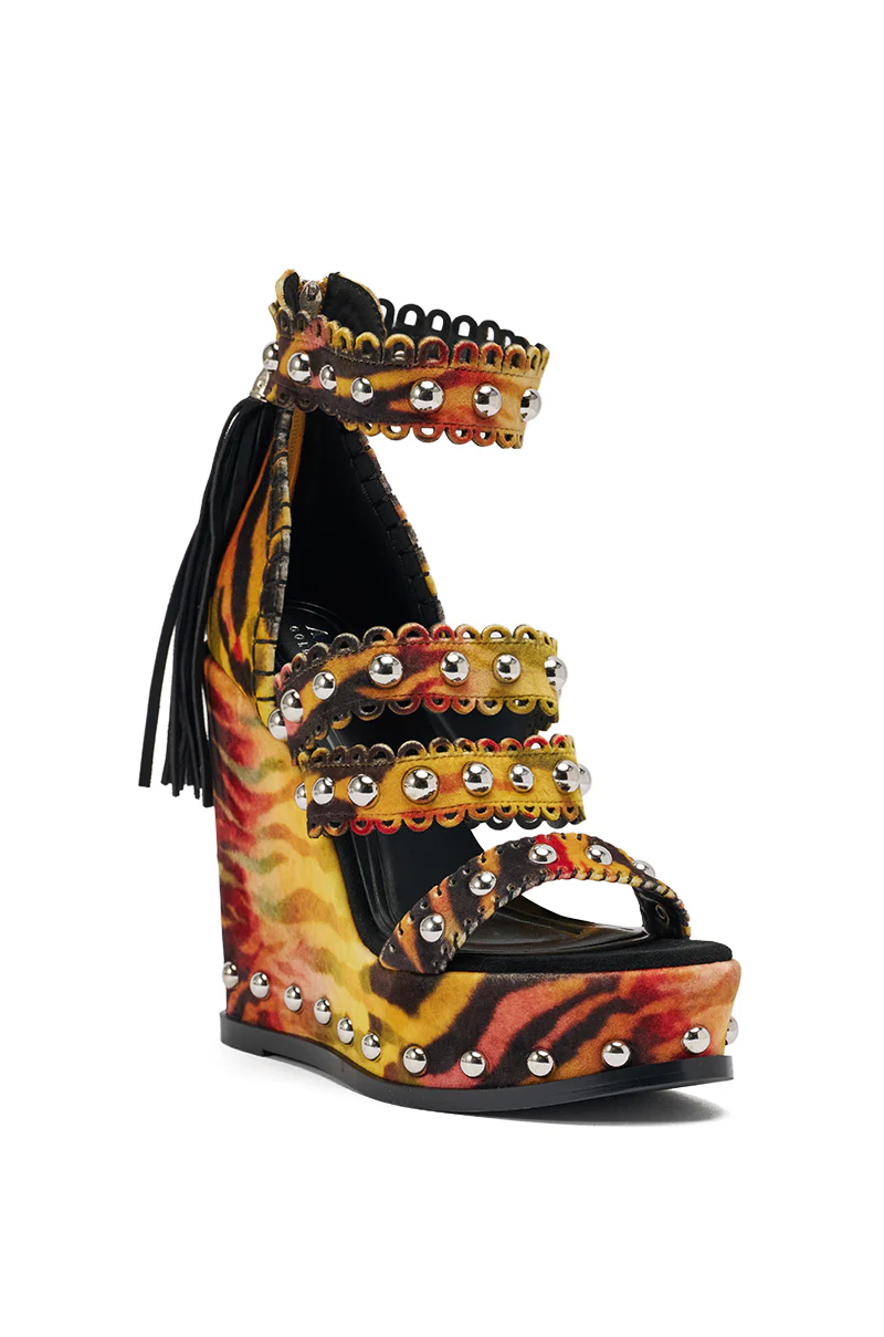 AKIRA GOLD ZANIA TIGER MULTI PRINT FRINGE EMBELLISHED WEDGE SANDAL - Image 6
