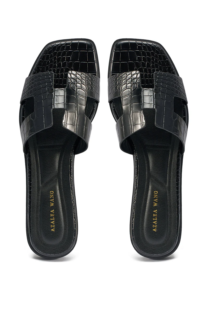 AKIRA HOWDY BLACK CROC SLIP ON FLAT SANDAL - Image 4