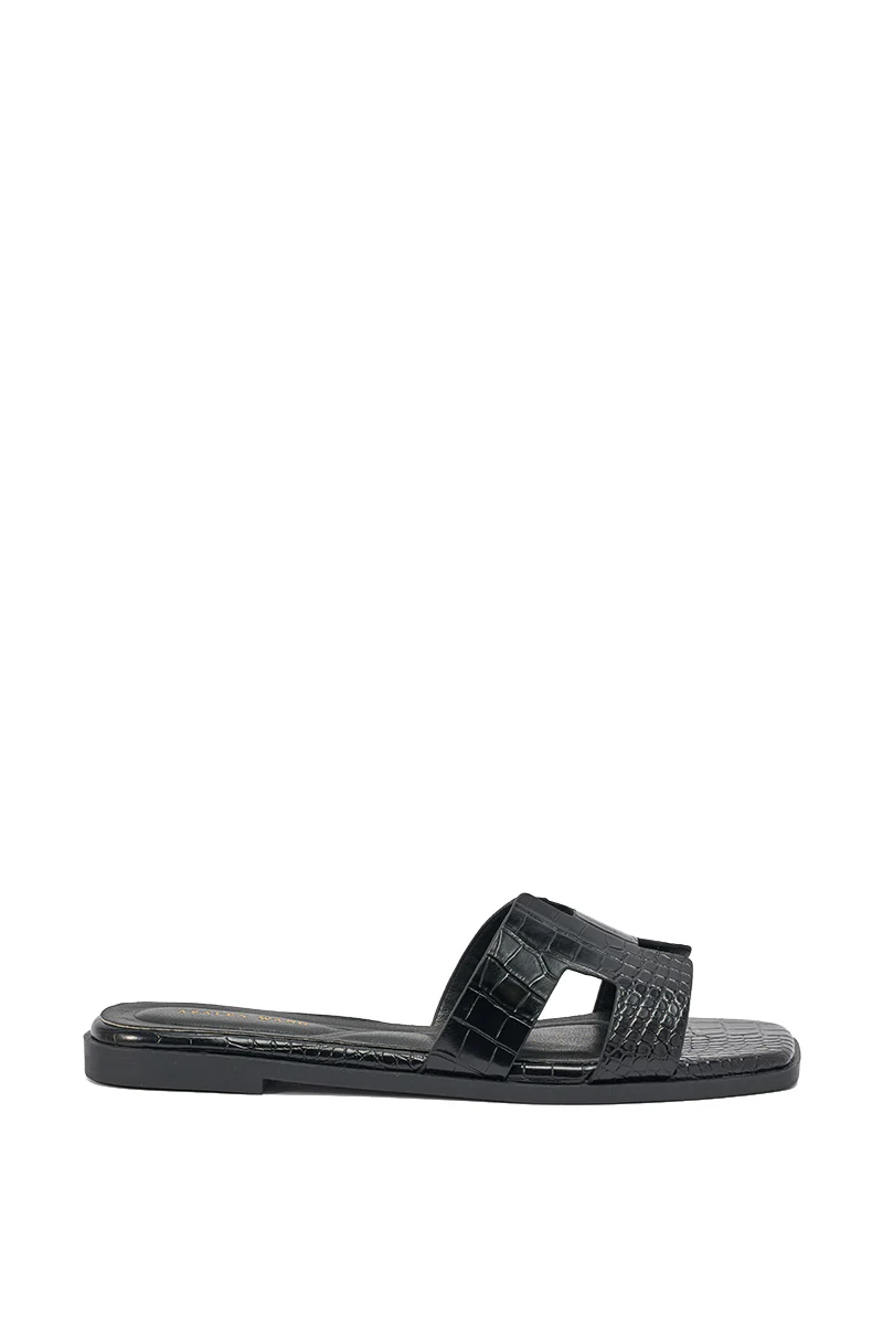 AKIRA HOWDY BLACK CROC SLIP ON FLAT SANDAL - Image 5